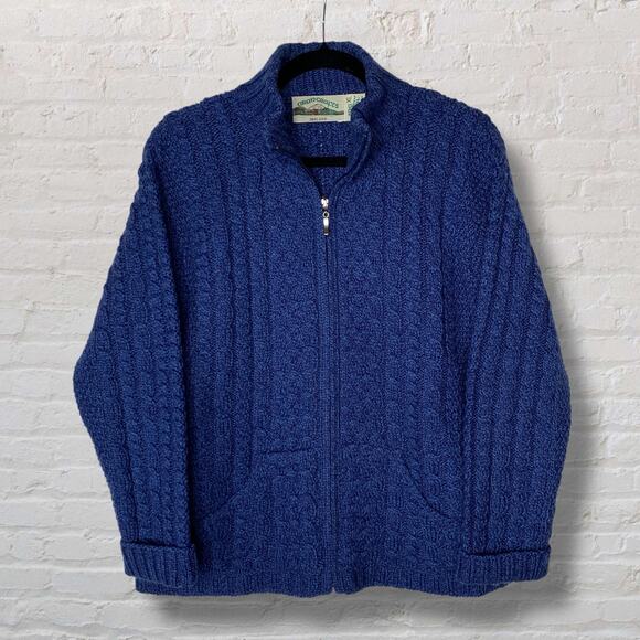 Aran Crafts Merino Wool Full Zip Sweater Blue Made in Ireland Womens XL - Picture 1 of 7